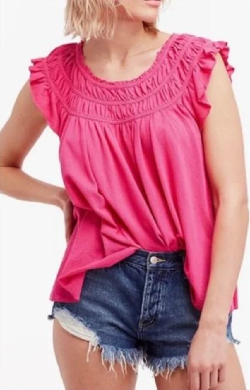Free People Coconut Tee Women's XS or S  Hot Pink Smocked Off-Shoulder Boho Top